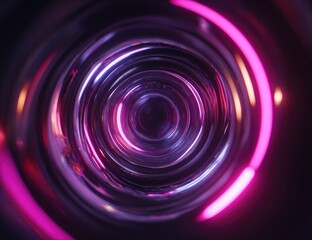 Glowing concentric circles in vibrant pink and purple hues, creating a mesmerizing, depth-filled vortex effect against a dark background.  The rings appear metallic and reflective
