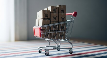 Miniature shopping cart overflowing with stacked cardboard boxes, each with a cart icon