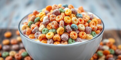 A colorful bowl overflowing with breakfast cereal and milk, vibrant, rustic