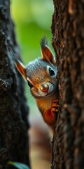 A curious squirrel peeking from behind a tree trunk, bright eyes,  watchful,  cute