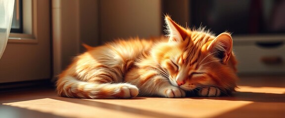 A fluffy ginger cat curled up sleeping on a sunbeam, comfort, domestic cat