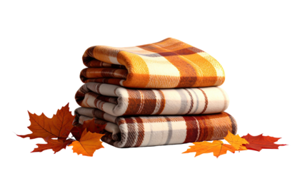 Autumn stack folded blankets & fall leaves