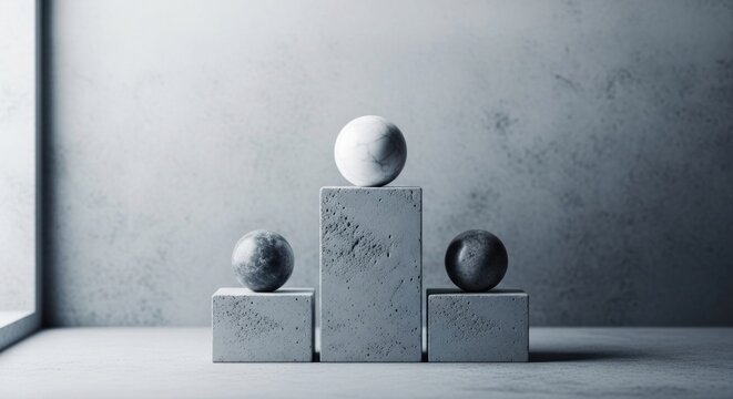 Minimalist greyscale scene varied spheres on three concrete block pedestals