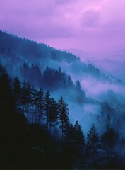 Misty mountain landscape at dawn, showcasing a hillside cloaked in ethereal purple and blue hues, with dark evergreen trees silhouetted against the fog