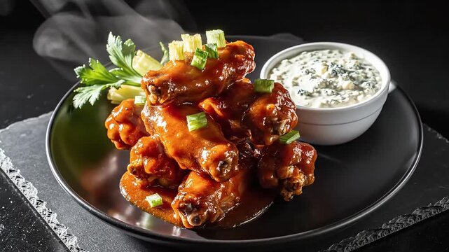 Steaming Hot Buffalo Chicken Wings with Creamy Dip and Celery Sticks.