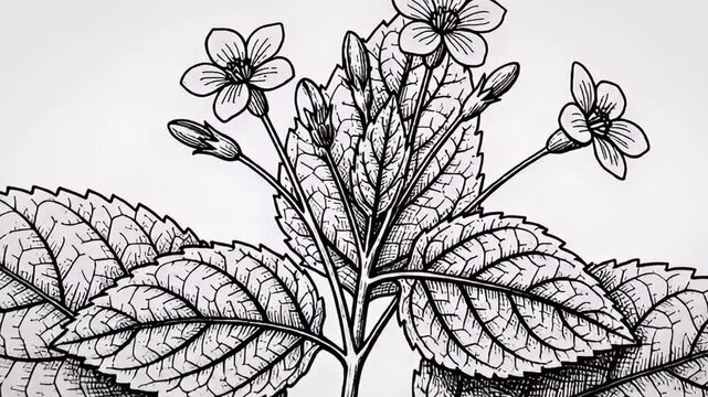 A meticulously detailed monochrome illustration captures the intricate beauty of a plant, showcasing delicate leaves with prominent venation and small blossoms or buds. Rendered in a classic black and