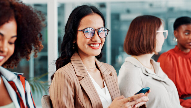 Portrait, glasses and woman with smartphone in meeting, happy and digital marketing on social media. Coworking, people and brand manager with mobile for campaign, research and confident with eyewear