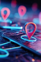 Neon-lit map markers hover over stacked smartphones, glowing with vibrant pink and blue hues against a dark background, suggesting digital location services or navigation
