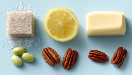 Overhead flatlay of sugar cube, lemon slice, butter, green candies, and pecan halves on a light blue background