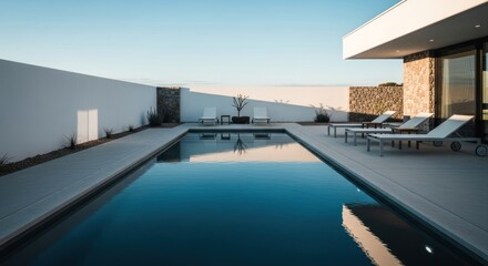 Fototapeta premium Modern backyard pool with lounge chairs, sleek white walls, contemporary house, clear sky