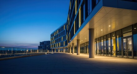 Modern building exterior at dusk with warm interior and accent lights, glass facades