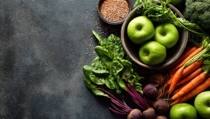 Overhead shot of various healthy produce including green apples, carrots, beets, spinach, and flax seeds arranged on a dark textured surface