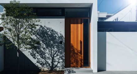 Modern house facade with tree shadow and warm wooden entrance door on sunny day