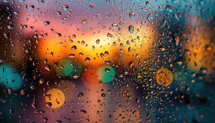 Rain-covered window displaying blurred city lights at sunset; various sized water droplets distort the colorful bokeh