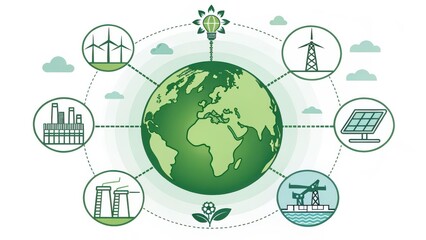 Sustainable energy solutions for a greener planet, featuring wind turbines, solar panels, and green technologies for a future where ecology thrives