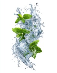 Refreshing image of ice cubes and vibrant mint leaves, dynamically splashed with water against a clean white background