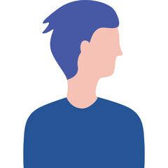 Minimalist Avatar Illustration of a Person with Blue Hair and a Blue T-Shirt Facing Sideways Against a White Background