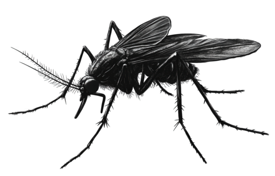 Illustration of a mosquito isolated on transparent background, showcasing its slender body, delicate wings, and long legs, capturing its distinctive features in detail