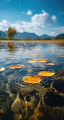Shallow, clear water with fallen autumn leaves floating on its surface, creating ripples.  Distant mountains and a tree under a partly cloudy sky form the backdrop