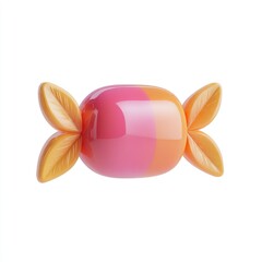 Shiny, two-toned pink and orange candy with glossy finish, wrapped in two stylized yellow leaves