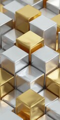 Shimmering metallic cubes, gold and silver, arranged in a complex, offset pattern, creating a three-dimensional, abstract texture