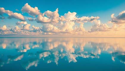 Azure water's perfect stillness mirroring sky and clouds,  clean,  color