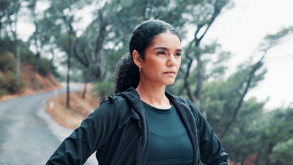 Exercise, morning and thinking with woman outdoor for cardio training, dedication or workout....