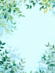 Soft light blue background framed by watercolor-style green leaves, creating a serene, nature-inspired border