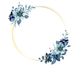 Watercolor blue flowers adorn a thin gold circle frame on a white background creating an elegant wreath design perfect for invitations or logos.