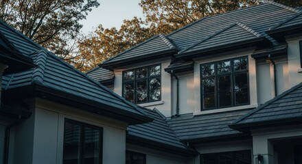 Obraz premium Modern multi-level house with grey tiled roofs, white walls, and dark windows at sunset