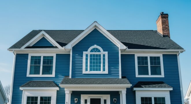 Modern two-story blue house with white trim, dark roof, gables, and brick chimney under blue sky