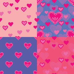 Pink hearts seamless patterns set. Colored objects are arranged in a chaotic manner, with textures and ornament. Red and lilac backgrounds. Romantic prints on fabric and paper. Vector designs.