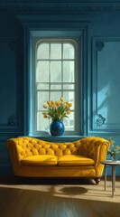 Sunlit yellow tufted sofa sits before a large window in a teal-walled room, adorned with yellow tulips in a dark blue vase