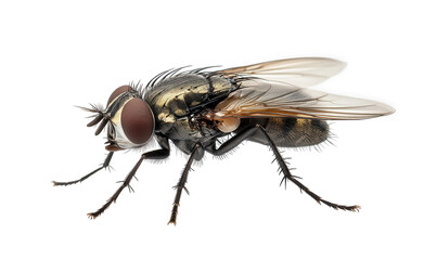 Fototapeta premium Detailed fly isolated on transparent background, showcasing its intricate features, including its multifaceted eyes, delicate wings, and bristled body, in a naturalistic pose