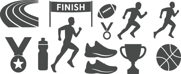 Collection of running and sports icons with finish line and trophies