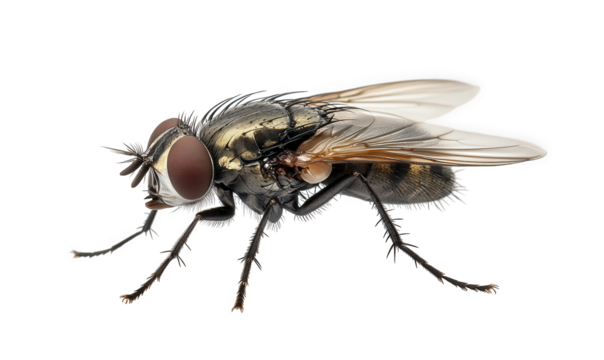 Detailed fly isolated on transparent background, showcasing its intricate features, including its multifaceted eyes, delicate wings, and bristled body, in a naturalistic pose