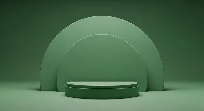 Monochromatic sage green product display featuring a cylindrical podium and arched backdrop