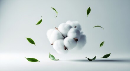 Natural white cotton cluster with fresh green leaves gracefully suspended in air