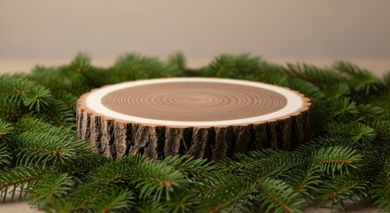 Obraz premium Natural wood log slice display platform encircled by lush green pine branches