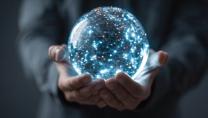 Two hands gently cradle a luminous glass sphere filled with a complex network of glowing nodes and connections, suggesting interconnectedness and technological advancement