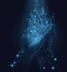 Two hands, formed from glowing blue constellations, cupped together under a beam of light, appear to cradle stardust