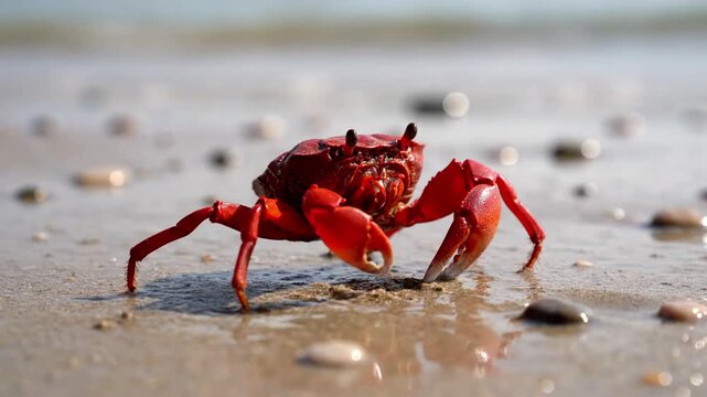 The intricate dance of a ghost crab scurrying across a pristine, sun drenched sandy beach, leaving delicate tracks in the soft, untouched grains. movement and environment