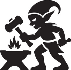 Dwarf Smith with Hammer Strikes Anvil Silhouette on Transparent Background Vector