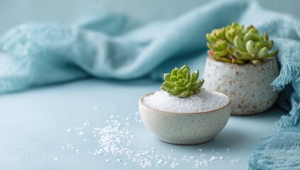 Two small succulents in speckled ceramic pots sit on a pale blue surface, one nestled in a bowl of white crystals, draped with a soft blue fabric.  Crystals are scattered around