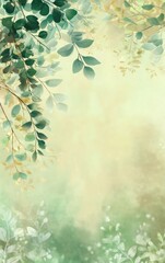 Verdant foliage frames a soft, light-green, hazy background; delicate leaves and branches cascade, creating a tranquil, natural scene