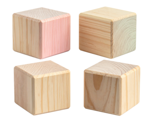 Four wooden, rounded-corner blocks. Square, natural