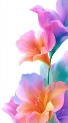 Vibrant, pastel-hued flowers in a painterly, digitally-rendered style, showcasing soft gradients and overlapping petals against a stark white background