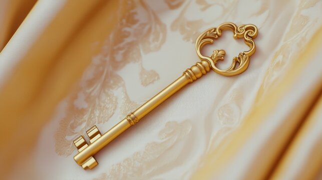 Ornate golden skeleton key resting on luxurious, subtly patterned gold silk fabric
