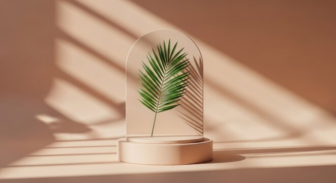 Palm leaf in arched display cloche on round pedestal with strong window shadows - Powered by Adobe