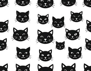 Obraz premium Black and white repeating pattern featuring stylized cat faces, various expressions